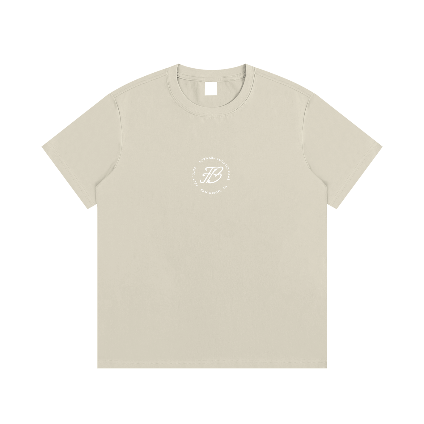 Beige t-shirt with a logo on a white background