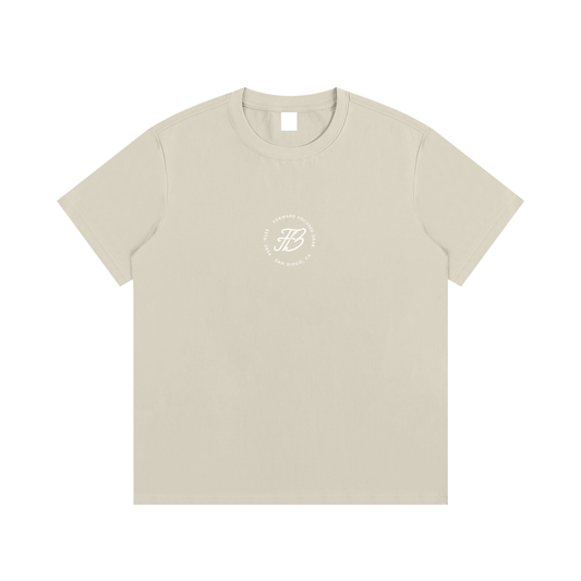 Beige t-shirt with a logo on a white background