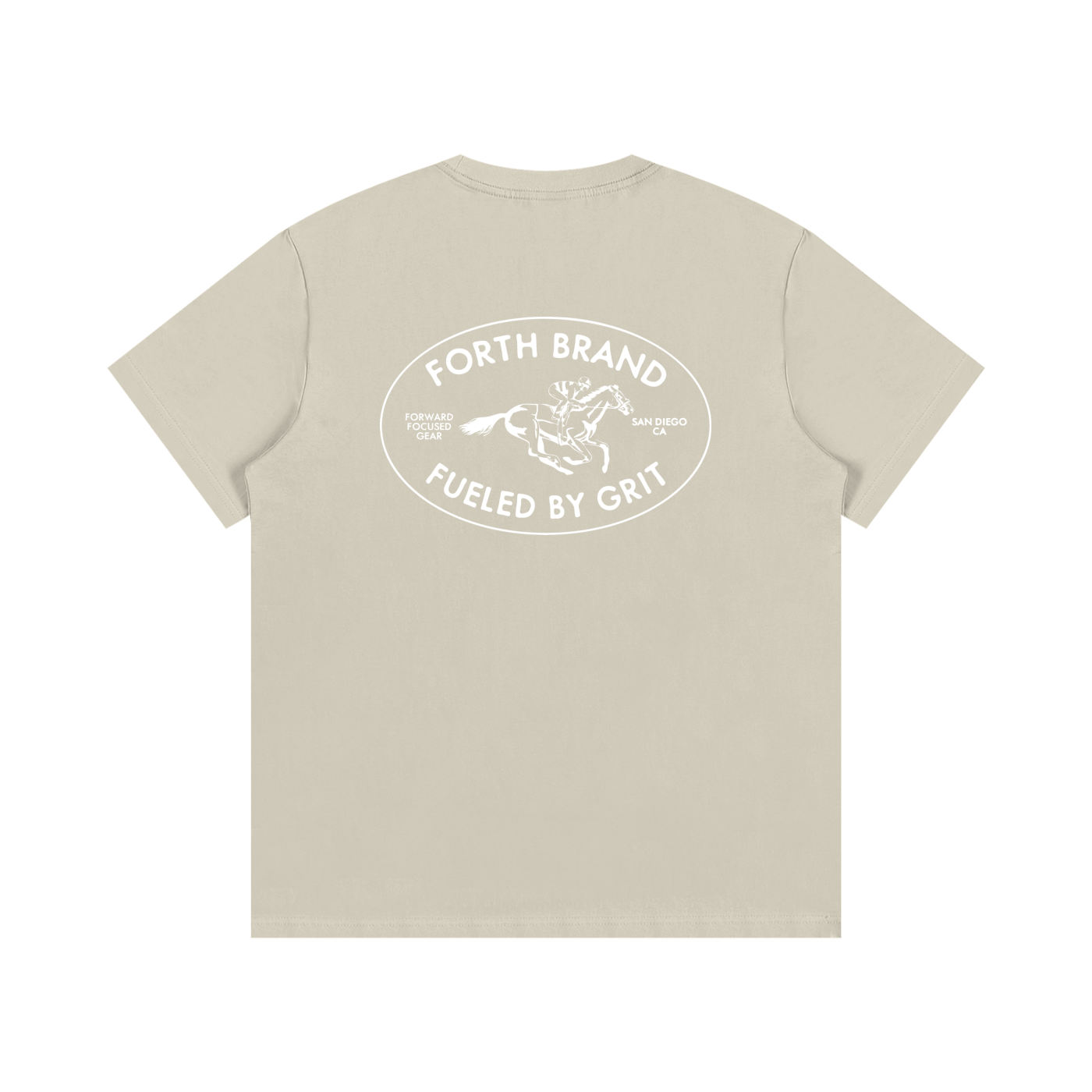 Beige t-shirt with white graphic and text on a white background