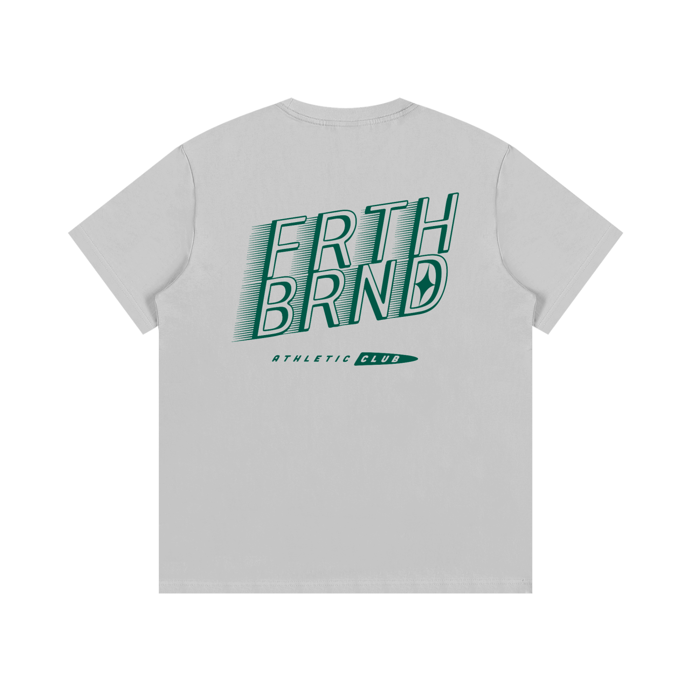 gray t-shirt with green text on the back on a white background