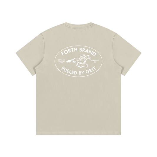 Beige t-shirt with white graphic and text on a white background